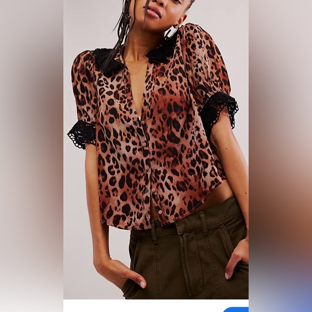 Free People My Love Printed Blouse Leopard combo sz small - Picture 3 of 9